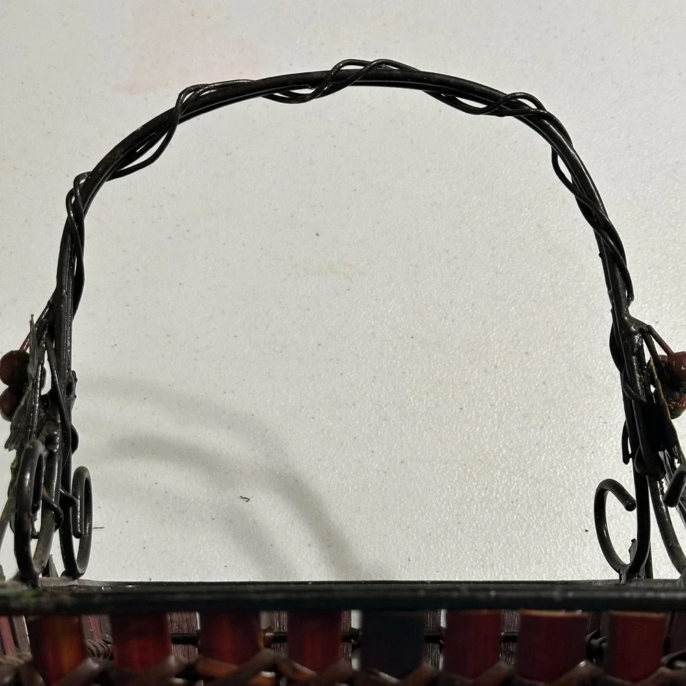 Grape Vine Metal & Bamboo Wood Slat Decorative Basket with Handle Rustic Vintage
